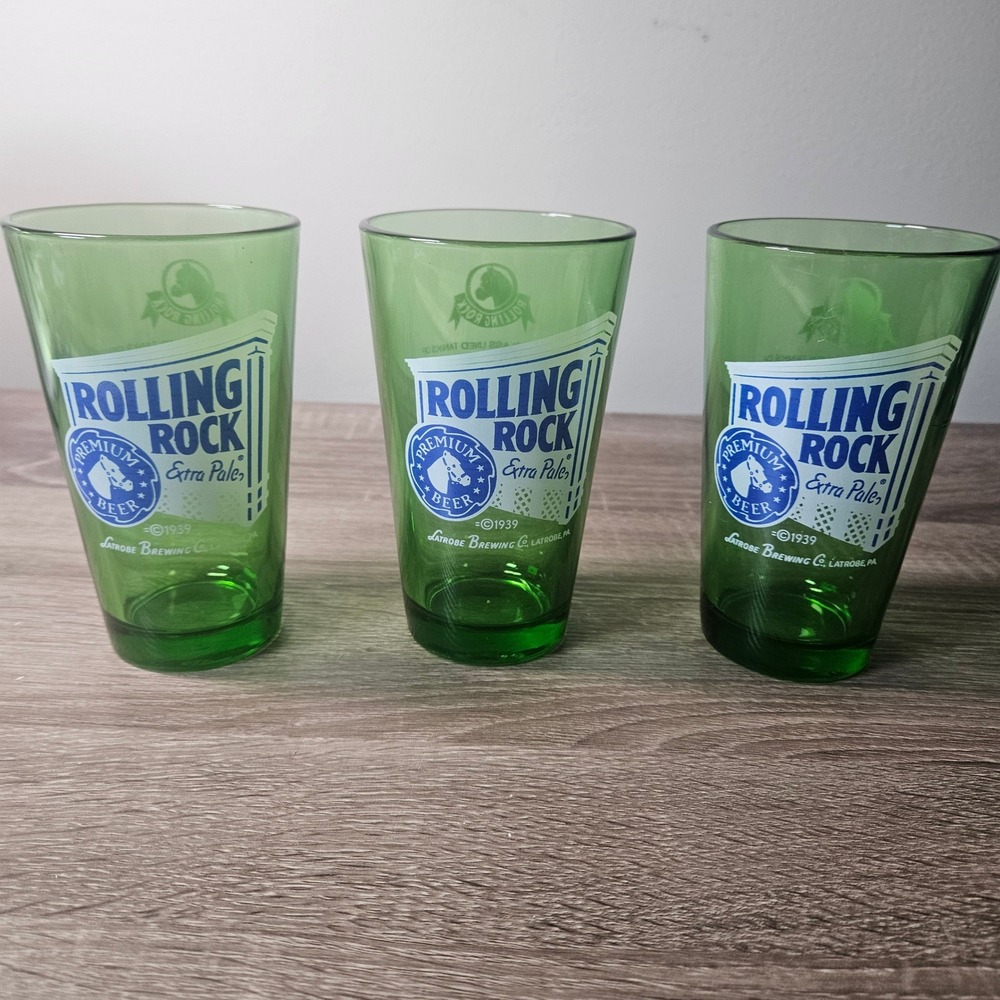 Rolling Rock Extra Pale Beer Green Pint Glasses Set of 3 Latrobe Brewing Co 33